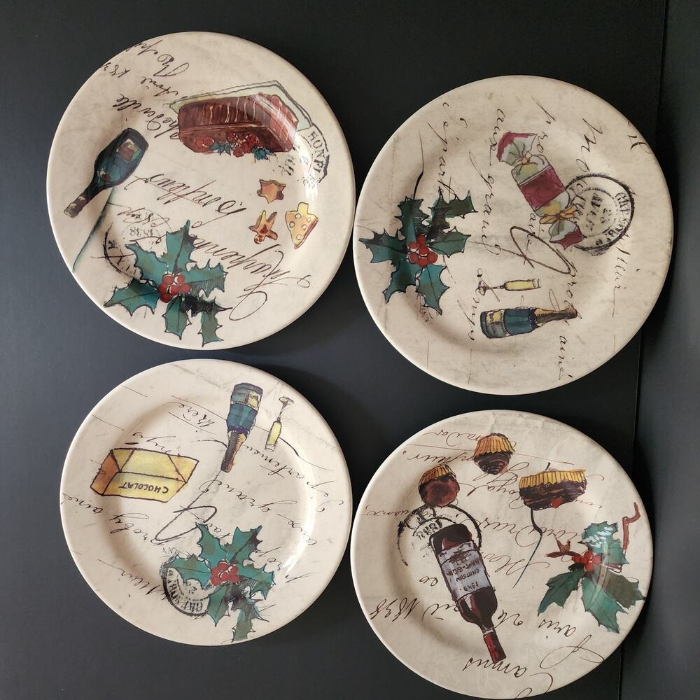 Set of 4 Williams Sonoma Holiday Party Salad Plates Champagne Holly Portugal
